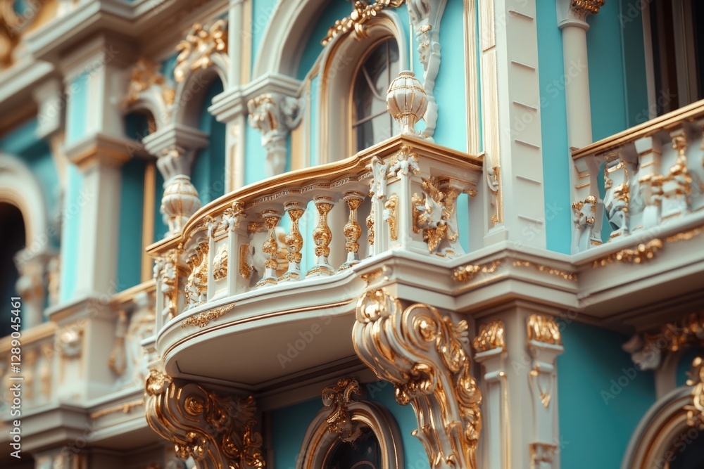 Poster A blue and gold building with a clock on it, suitable for use in cityscape or architecture scenes