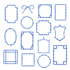 Blue frame set of watercolor bamboo stems, border for the design and decoration of banners, invitations, and postcards