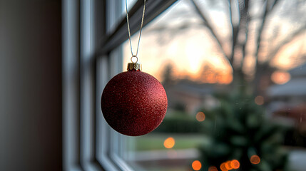 Red Glitter Christmas Ornament Hanging in Window with Blurred Sunset Background