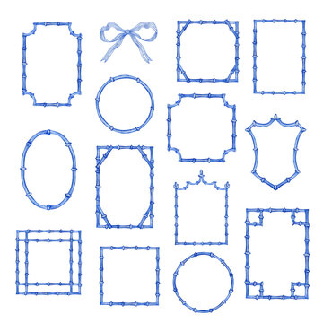 Blue frame set of watercolor bamboo stems, border for the design and decoration of banners, invitations, and postcards