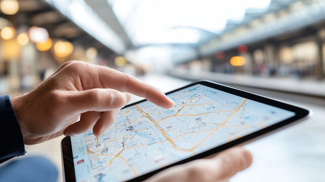 person using tablet to navigate map in train station, showcasing modern tech lifestyle and travel convenience