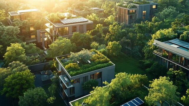 Eco-Friendly Dwellings in Lush Setting: A serene aerial shot capturing a collection of modern dwellings integrated seamlessly with a vibrant, green.