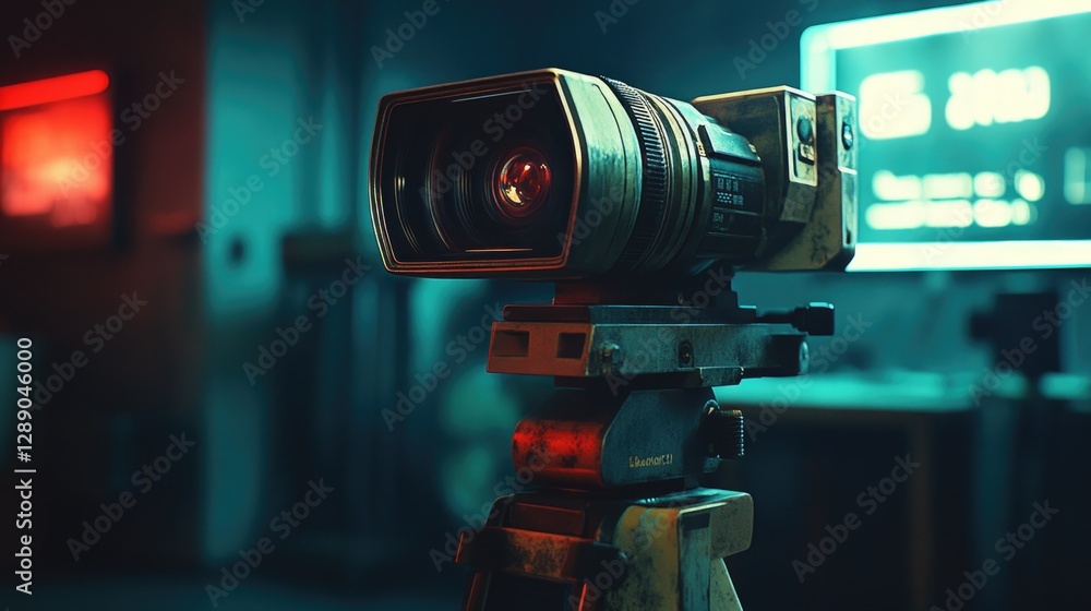 Poster Close-up shot of a camera on a tripod, suitable for use in photography tutorials or product shots