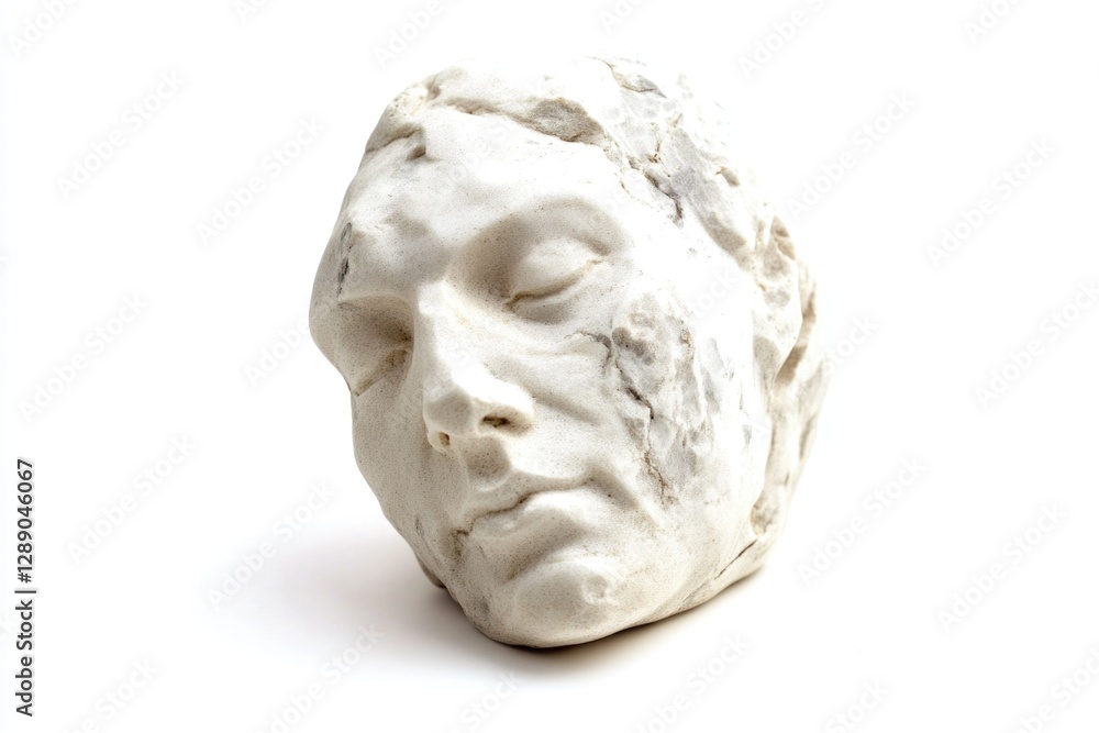 Poster a close-up view of a sculpted human face on a white surface, suitable for use in decorative or educa