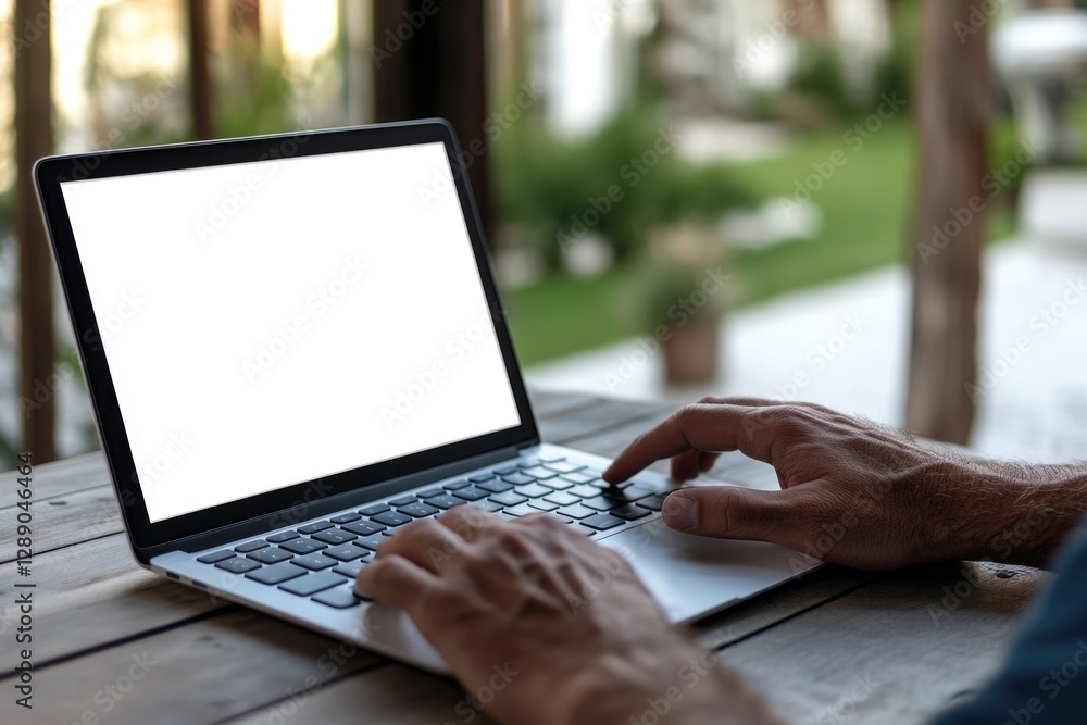 Poster a person working on a laptop on a rustic wooden table