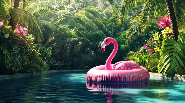 A pink flamingo float gently drifts in a tropical swimming pool surrounded by lush green palm trees and vibrant flowers under soft sunlight