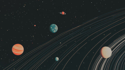 Planetary orbits and elliptical paths in space illustration for science and education