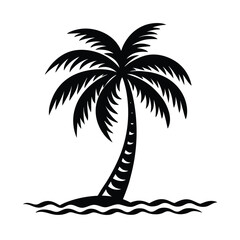 Silhouette of a Swaying Palm Tree on the Beach with Gentle Waves