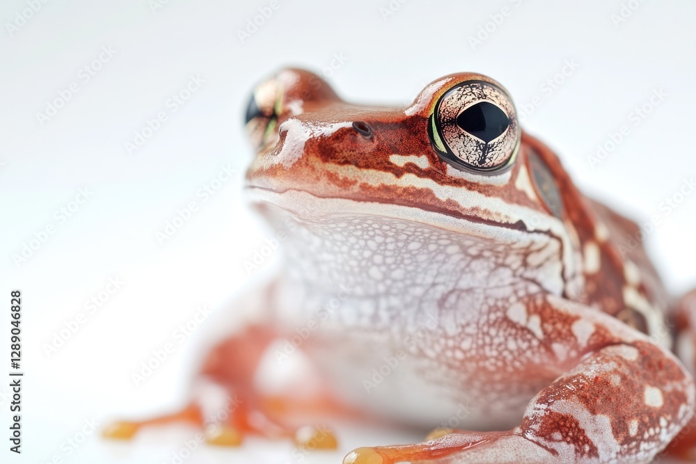 Poster a close-up image of a frog sitting on a white surface