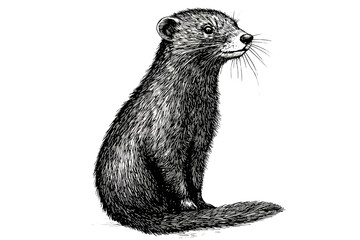 Black sketch effect animal print, hand-drawn mink, vintage art, old engraving style, white background, trendy illustration, nature-inspired design, wildlife decor.