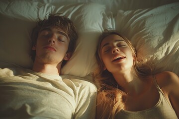 Couple peacefully sleeping together in a cozy bed with morning sunlight
