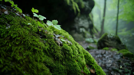 Lush Green Moss Covering Rocks in a Misty Forest