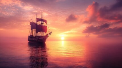 Fototapeta premium Sailing Ship at Sunset Ocean Horizon