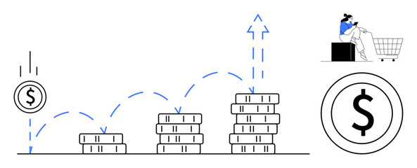 Obraz premium Stacked coins increase in height, dollar sign, person shopping. Ideal for finance, investment, economic growth, business development, capital accumulation retail trends wealth management. Abstract