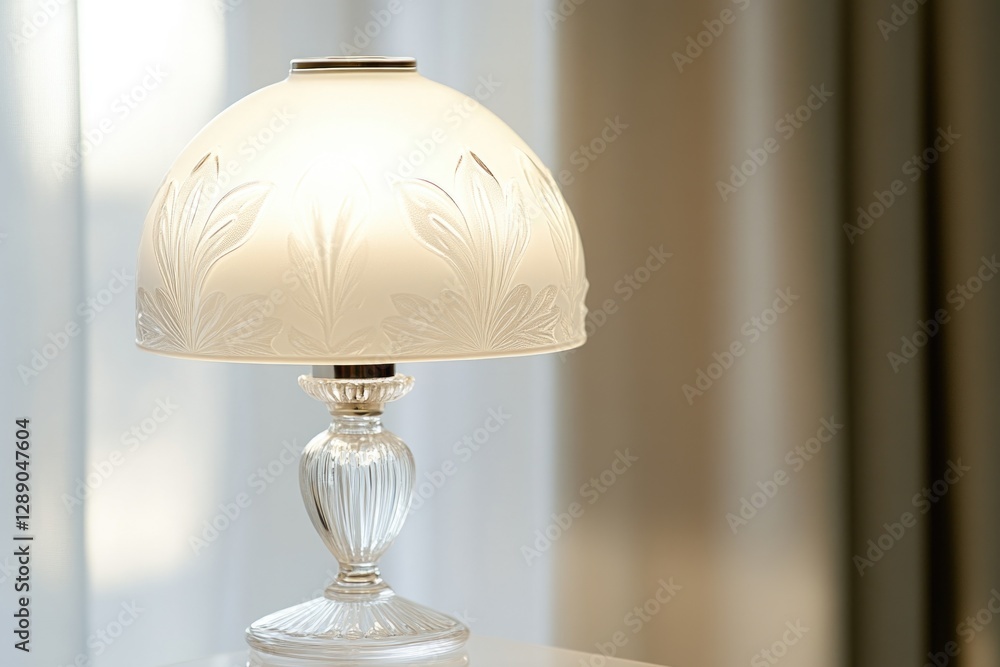 Poster a single white lamp sits on a white table, providing a simple and clean lighting solution