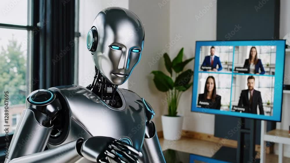 Poster advanced humanoid robot attending an online meeting with business people displayed on a large screen