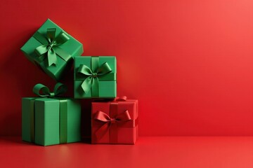 Obraz premium A festive arrangement of meticulously wrapped gifts, showcasing vibrant green and red hues, against a backdrop of a rich red surface.