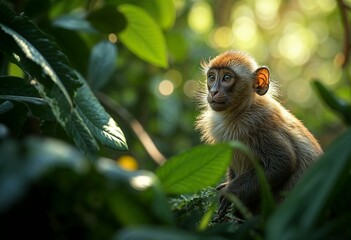 Fototapeta premium Curious young monkey sitting among lush green foliage, gazing thoughtfully in a natural environment