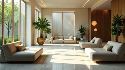 Serene Modern Living Space with Sunlight Streaming Through Large Windows and Lush Greenery