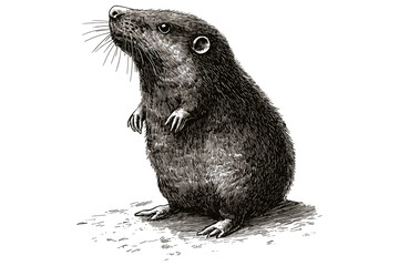 Animal print hand-drawn mole, black sketch effect, vintage art, trendy illustration, white background, old engraving style.