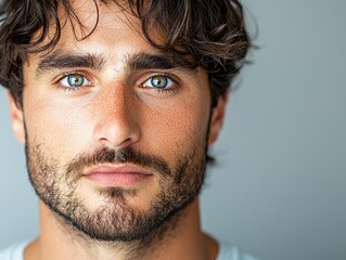 Obraz premium Captivating portrait of a young man with striking blue eyes studio setting close-up photography natural light