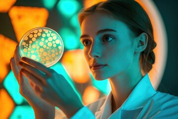 A female scientist examines a petri dish containing a bacterial or cell culture under vibrant lighting.