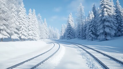 Obraz premium Snow covered train tracks wind through a winter forest scene. Sunlight illuminates the snow, creating a serene atmosphere