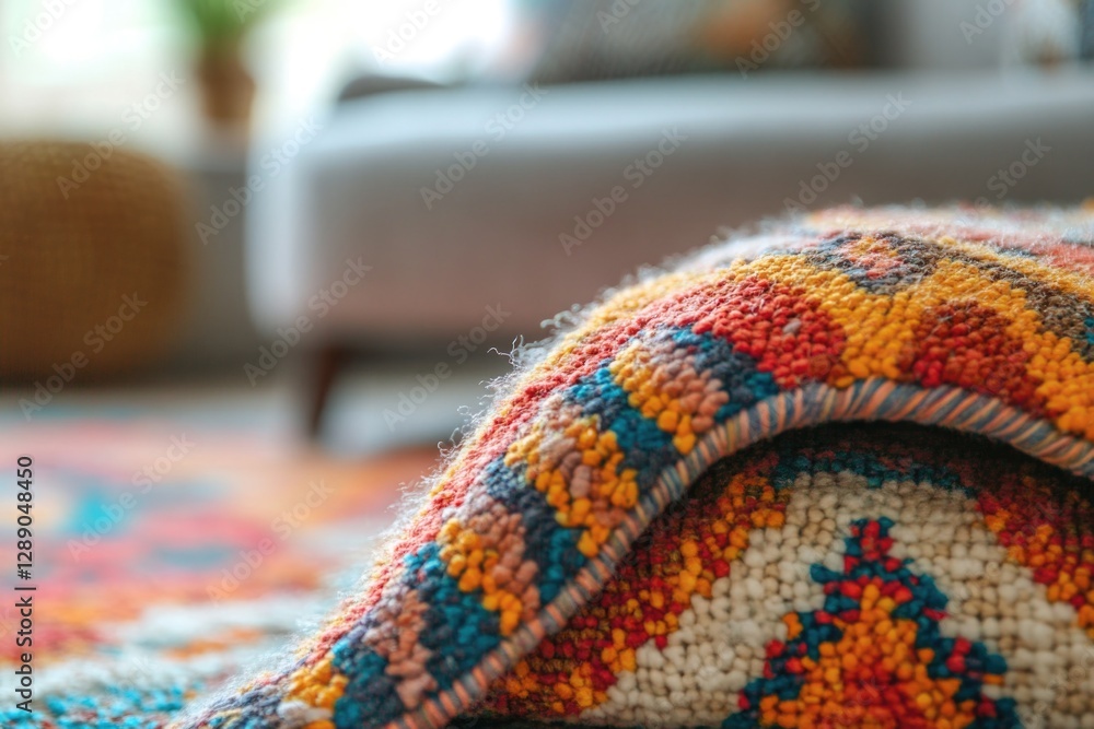 Poster a close-up of a vibrant, textured rug on the floor with intricate patterns and bright colors