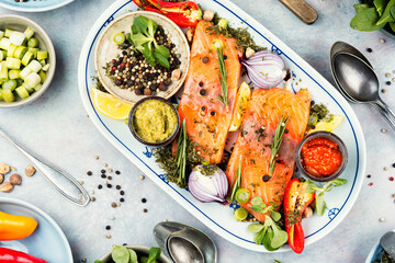 A plate of raw salmon with ingredients.