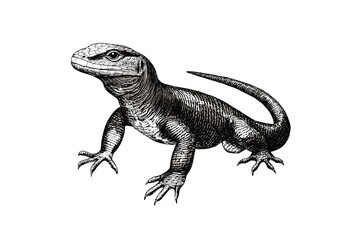 Obraz premium Vintage illustration of a hand-drawn monitor lizard, black sketch effect, reptile art, wildlife print, trendy design on white background, animal drawing, detailed engraving, nature art, reptiles