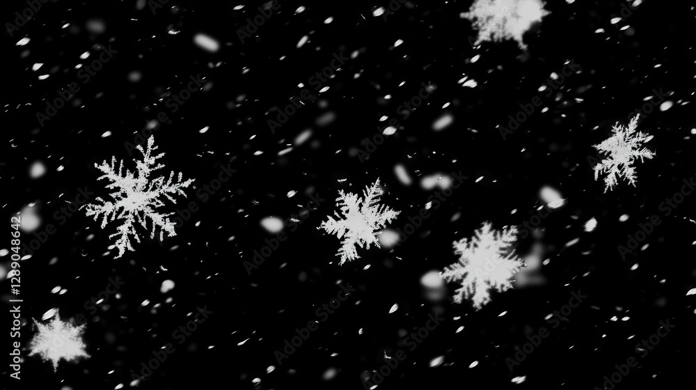 Poster macro view of snowflakes on black background for winter design and decoration