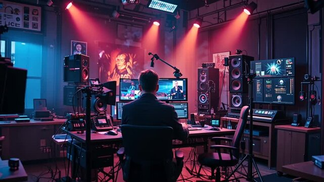Music producer working in a professional recording studio surrounded by advanced sound equipment, creating and mixing new tracks.