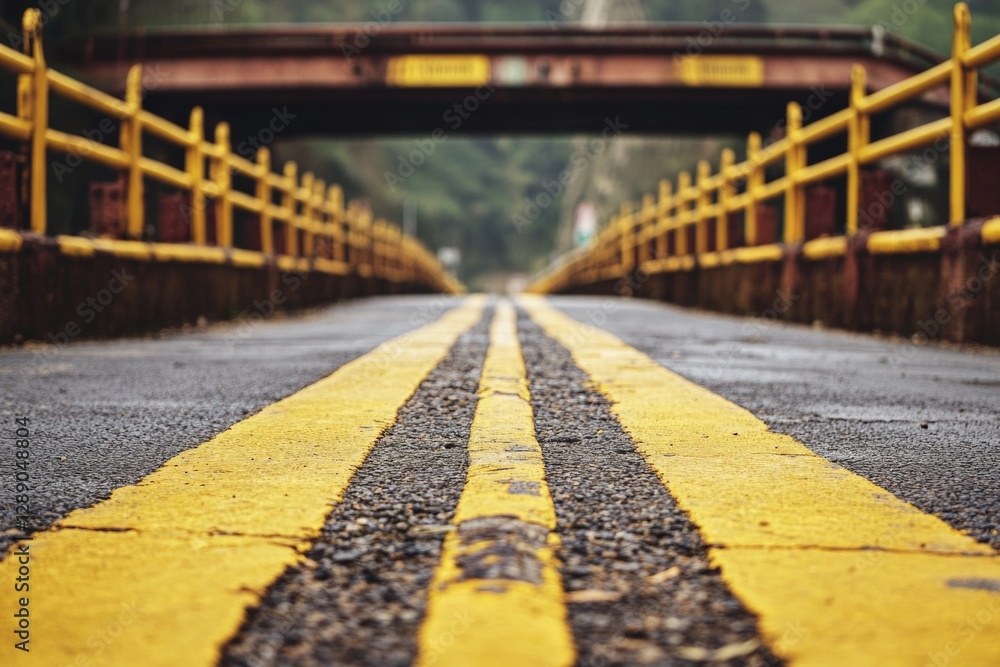 Poster a road with a yellow line and a bridge in the background, suitable for transportation or infrastruct