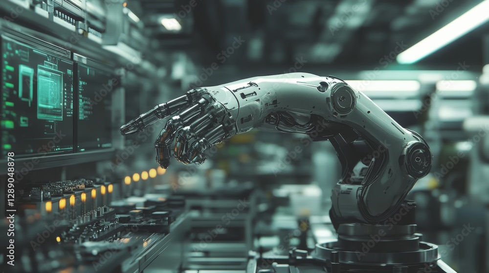 Poster there are robotic arms working on the assembly line in modern workshops
