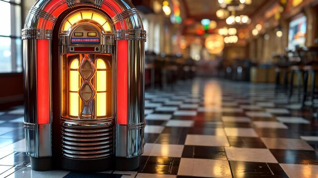 Vintage jukebox illuminated in a nostalgic diner with checkered floor and classic decor