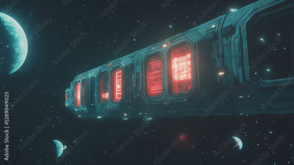 Poster Futuristic space station with glowing windows in deep space environment