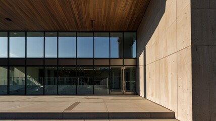 Fototapeta premium Modern Architectural Facade with Large Windows and Minimalist Concrete Design