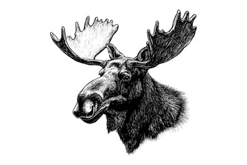 Antique style moose illustration, large forest animal, black sketch effect, vintage art, hand-drawn design, wildlife vector print, trendy wildlife decor, nature sketch.
