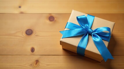 A thoughtfully wrapped present with a vibrant blue ribbon, resting on a light wood surface, conveys a sense of anticipation and joy