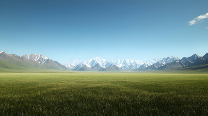 Fototapeta premium Vast Meadow with Snow Capped Mountains under a Clear Blue Sky