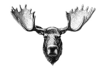 Large moose illustration in black sketch, vintage art, trendy wildlife design, forest animal in antique style, vector print, hand-drawn nature art, white background decor.