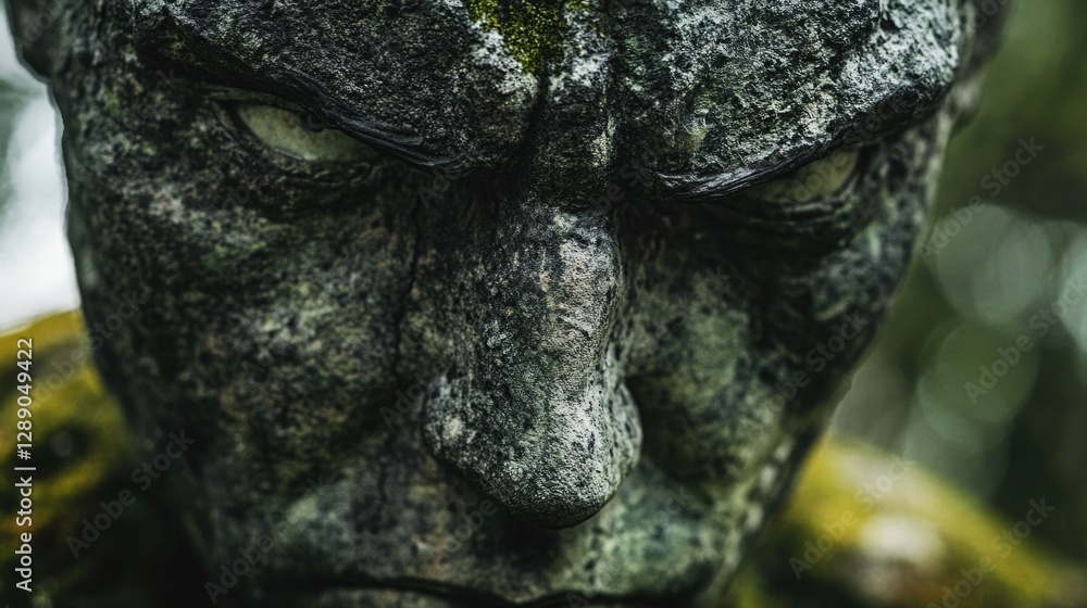 Poster a close-up shot of a statue covered in moss, showing the details of the greenery and the statue's su