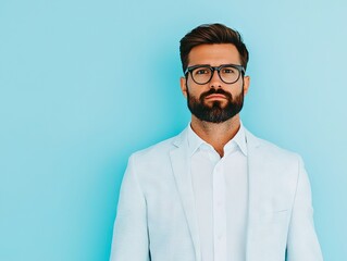 Professional businessman posing against blue background in modern office environment for corporate branding