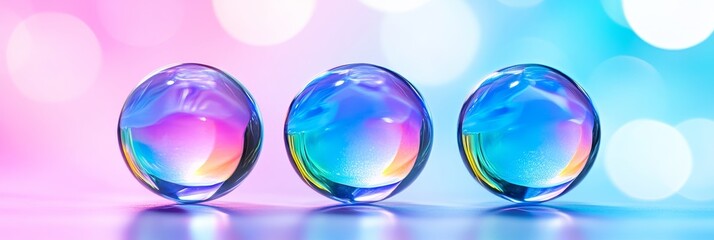Multicolored Glass Marbles on Pink and Blue Background - Three iridescent glass marbles, symbolizing purity, reflection, potential, unity, and harmony