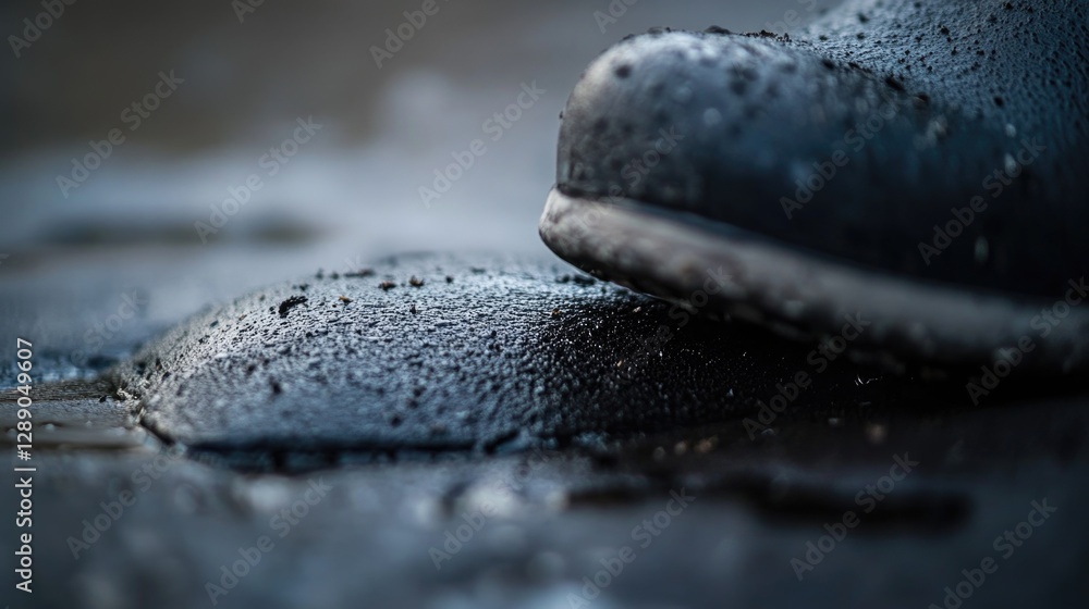 Poster a close-up shot of a shoe on a wet surface, ideal for use in photography or design projects