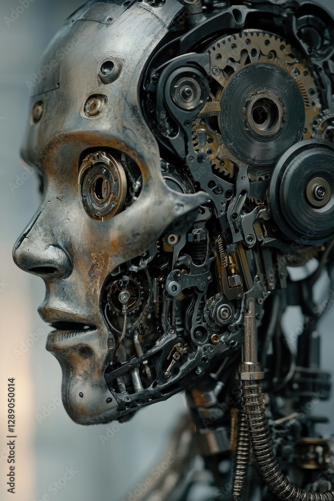 Poster A close-up view of a robot's head with intricate gears and mechanical components