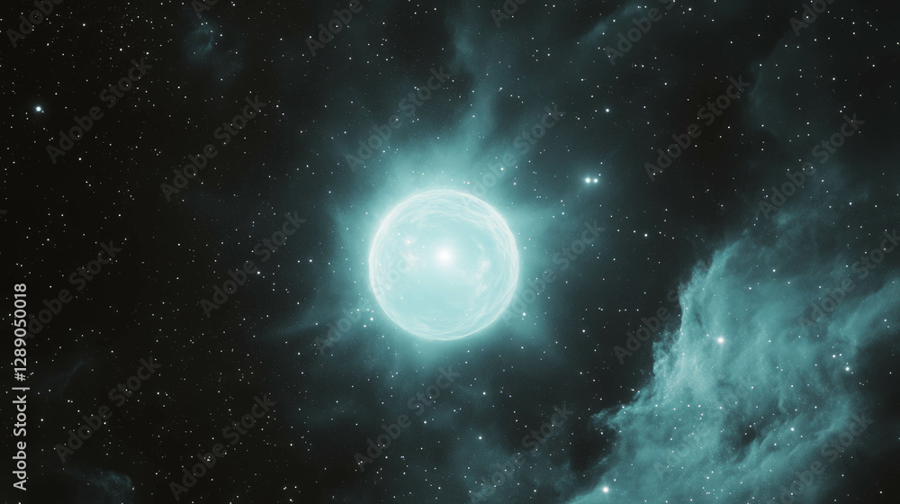 Poster Cosmic glow of white dwarf star with intense light in deep space