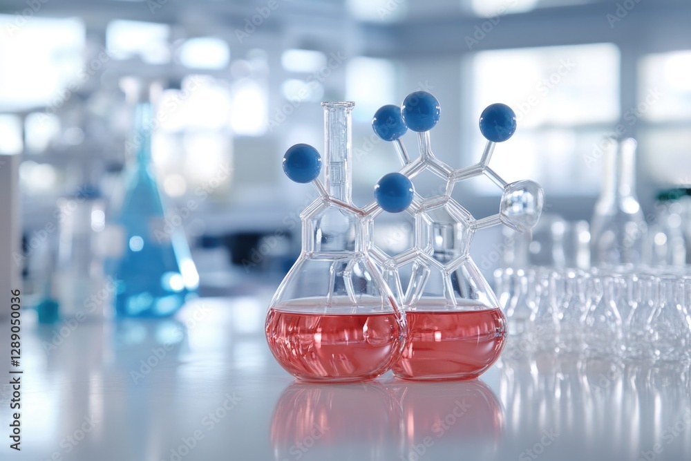 Poster a close-up view of a laboratory table with multiple test tubes filled with red liquid, ideal for med