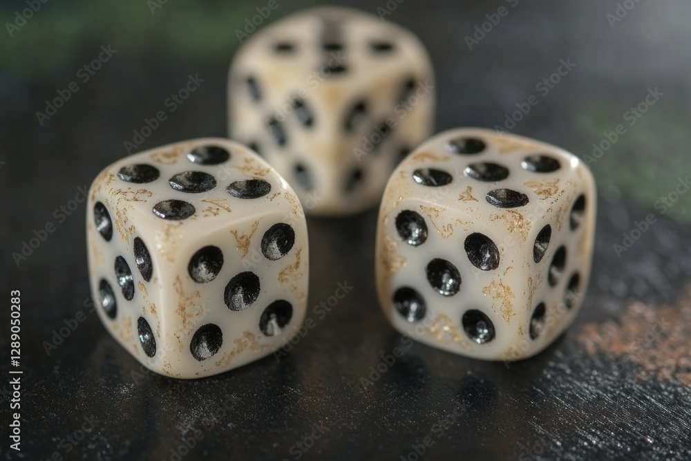 Poster Close-up view of three dice sitting on a table with flat, even surfaces