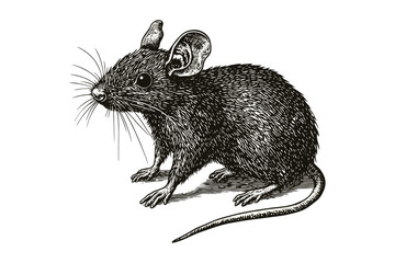 Vintage animal art, trendy hand-drawn mouse, wildlife illustration, old engraving style, black sketch effect, wall decor, retro art, decorative wildlife